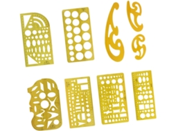 Conjunto de 9 réguas de plástico amarelas para desenho arquitetônico, com padrões nítidos, ideais para decoração escolar.