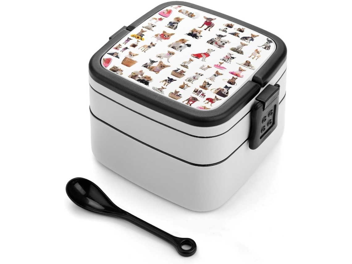 Lancheira Bento De 2-camadas Com Design Chihuahua E Pug, Empilhável, À Prova De Vazamentos, 1000ml, Com Colher Inclusa