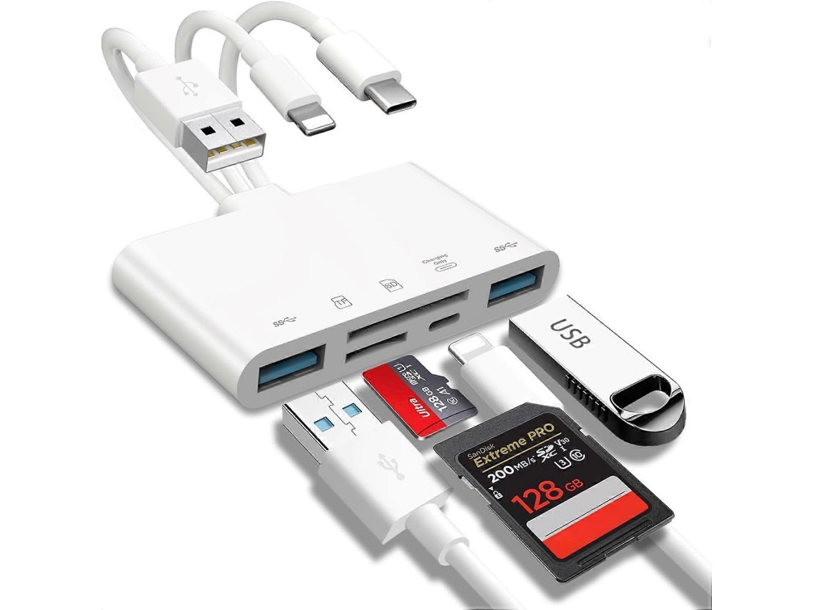 Leitor de cartão de memória 5 em 1, adaptador USB OTG, USB-C, compatível com SD, TF, XD, MS AQUAFORGE