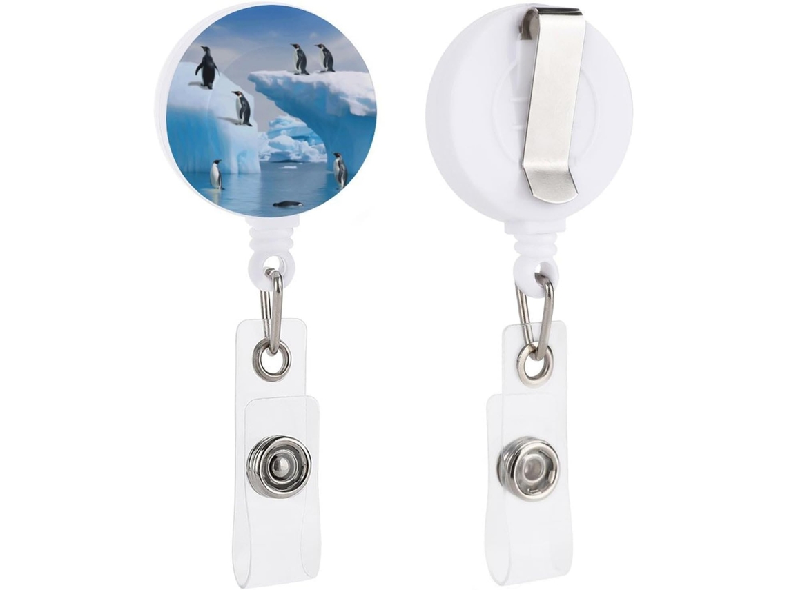 Clipe retrátil Crachá, com estampa de pinguins fofinhos em um iceberg, ideal para enfermeiros, médicos e funcionários públicos.