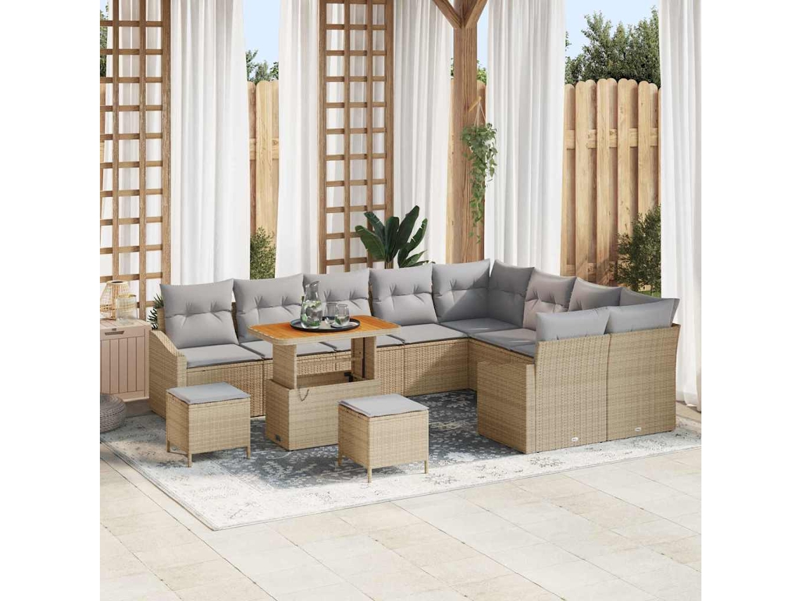 Vidaxl Conjunto De Sofá De Jardim Com Almofada 12 Pcs Bege Vime Pe