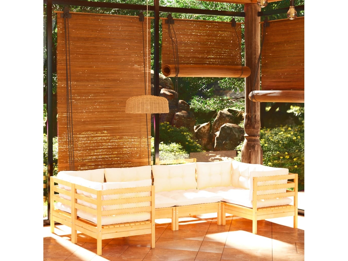 6 Pcs Conjunto Lounge De Jardim C/ Almofadões Cor Creme Pinho Dkd Home Decor
