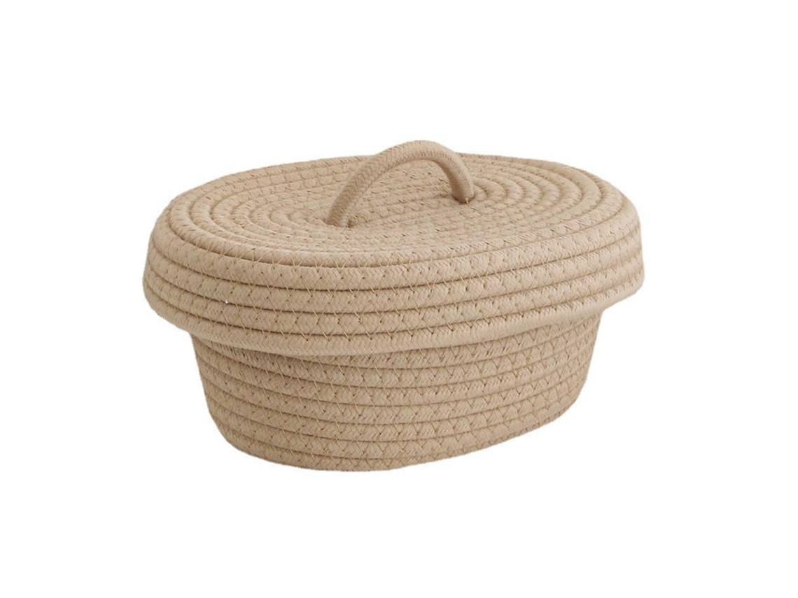 Cesta de Armazenamento com Tampa, Feita à Mão de Cordão de Algodão, para Mesa, Cosméticos, Khaki
