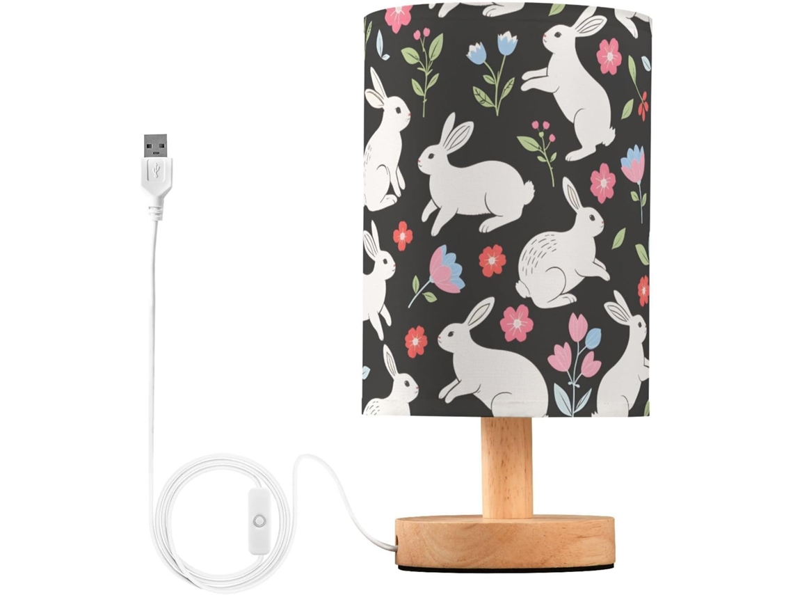 Abajur De Cabeceira Mnsruu Com Estampa Coelho E Flor, Fundo Preto, Led, Luminária De Mesa, Abajur Pequeno Com Cúpula De