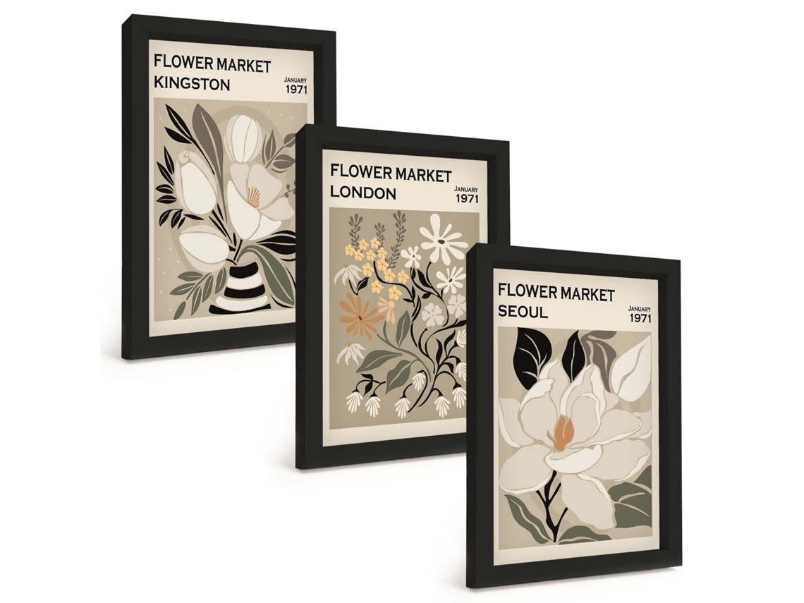 Quadros Decorativos Para Paredeflores Retrô De Cidades Do Mundo Moldura Preta Quadros Para O Escritório Espelharte (3 Peças 20x30 Cm)