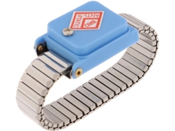 Pulseira antiestática com faixa elástica condutora e cabo de descarga, projetada para aterrar o pulso e evitar danos.