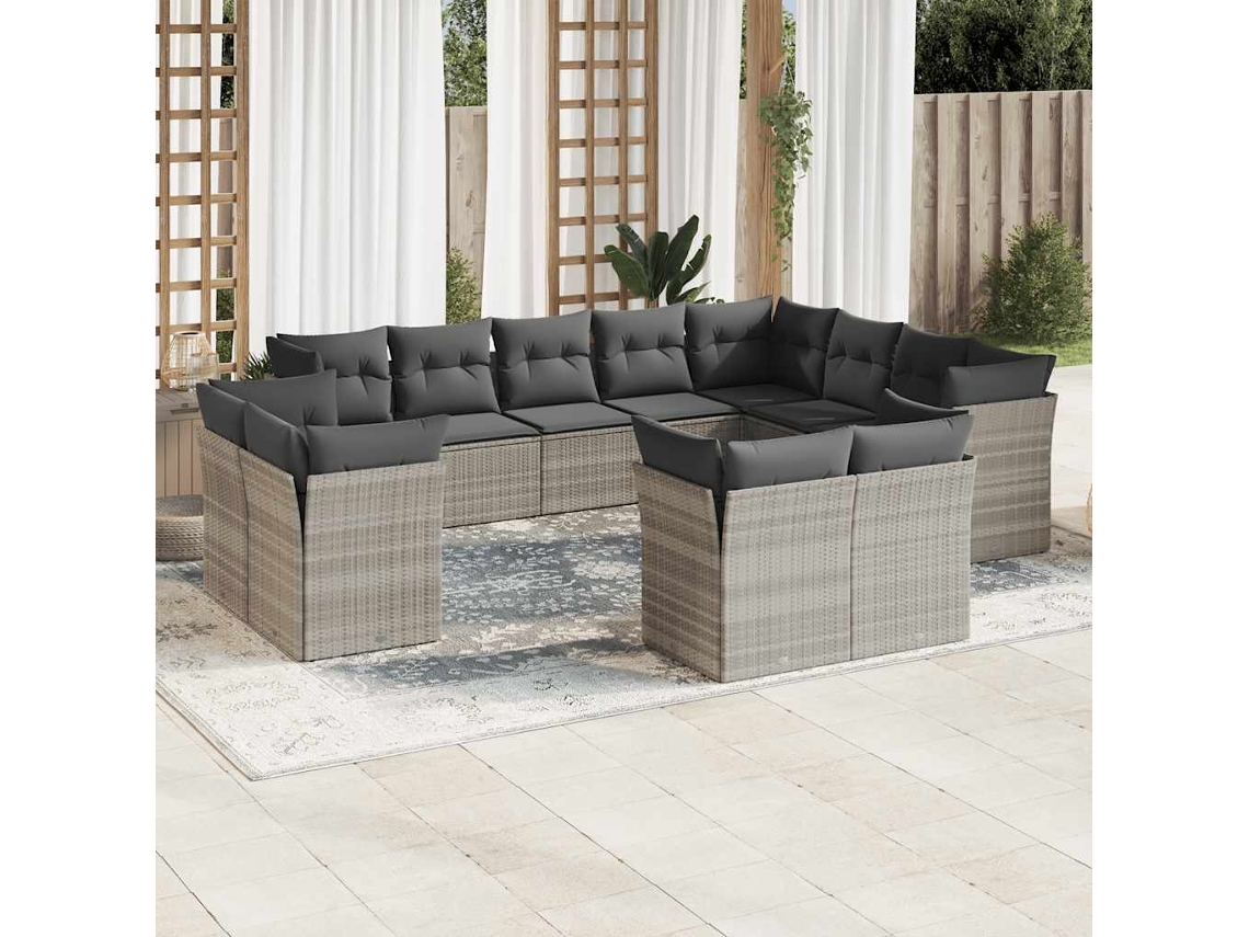 Vidaxl 12 Pcs Conj. Sofás Jardim Com Almofadões Vime Pe Cinzento-claro