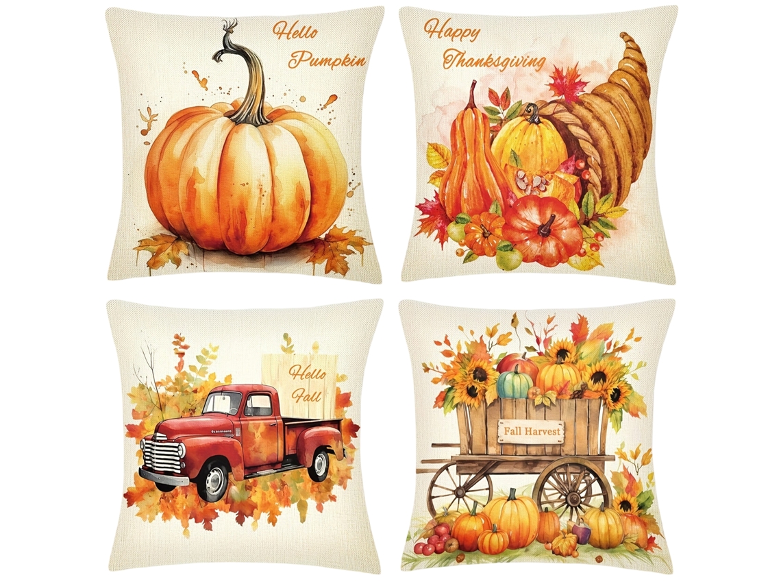 Capas de Almofada 45X45 Cm para Decoração de Outono Abóbora e Folhas de Bordo Conjunto de 4 NEVEANCE