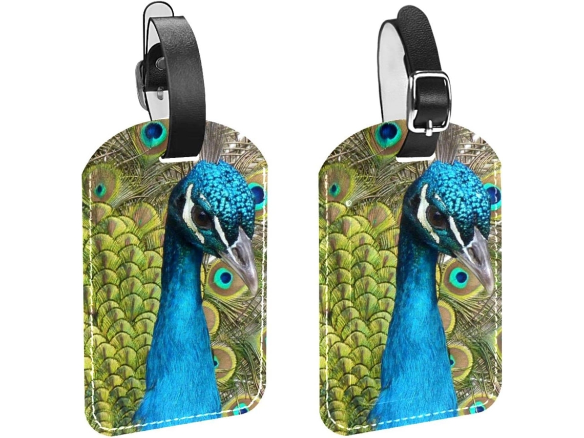 Etiquetas De Bagagem Em Couro Pu, Pacote Com 2 Unidades, Com Estampa De Pavão Abrindo A Cauda Proteção Sua