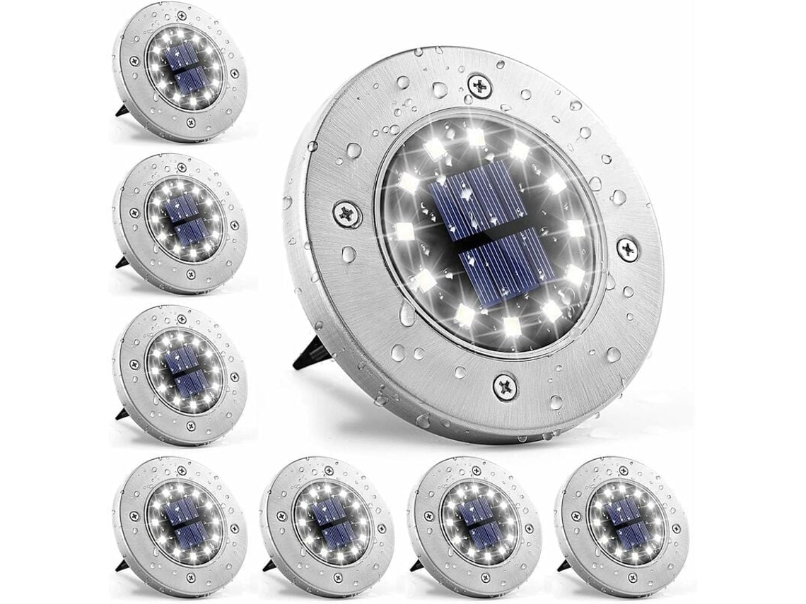 Kit com 8 luminárias solares de solo, 12 Leds, aço inox, à prova d'água, para jardim e gramado AQUAFORGE