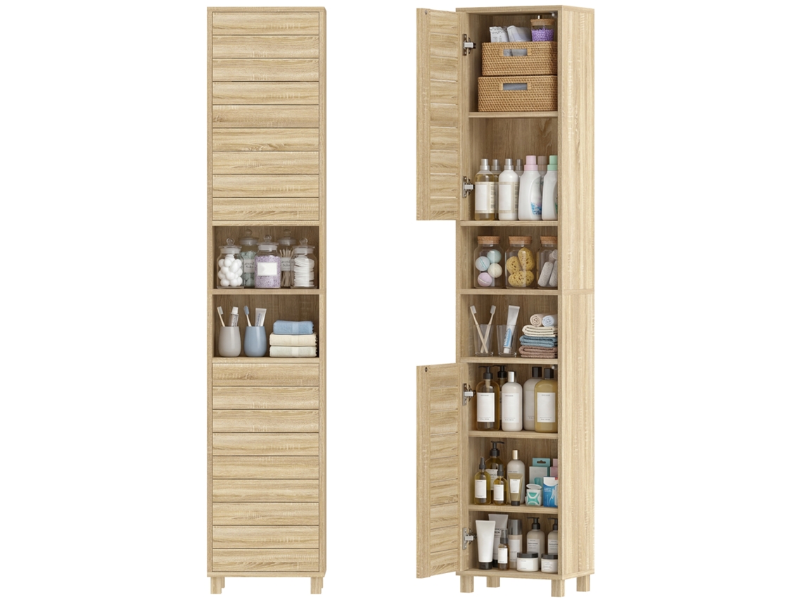 Armario Alto para Baño Con Estantes Ajustáveis Portas de Lamas Abertura por Presión 34x23x170 Cm Natural ZACHARY