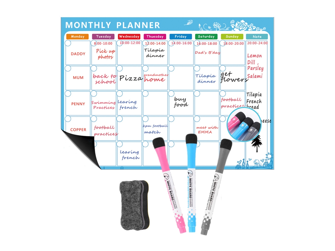 Quadro Branco Magnético de Calendário Seco para Geladeira, Parede, com 3 Canetas e Apagador, Planejador Semanal e Mensal, A3