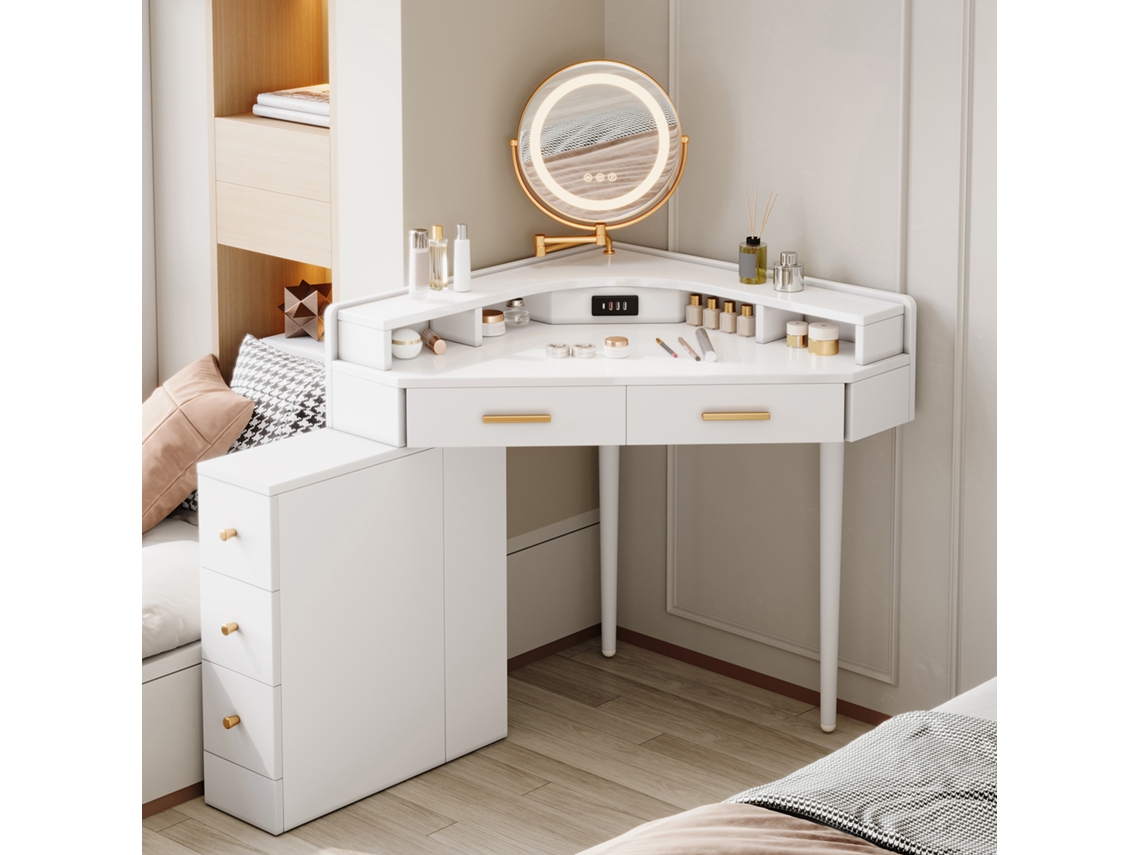 Conjunto moderno branco: Cômoda com 6 gavetas e detalhes dourados + espelho quadrado 80x108 cm. Ideal para hall de entrada, quarto e sala de estar.