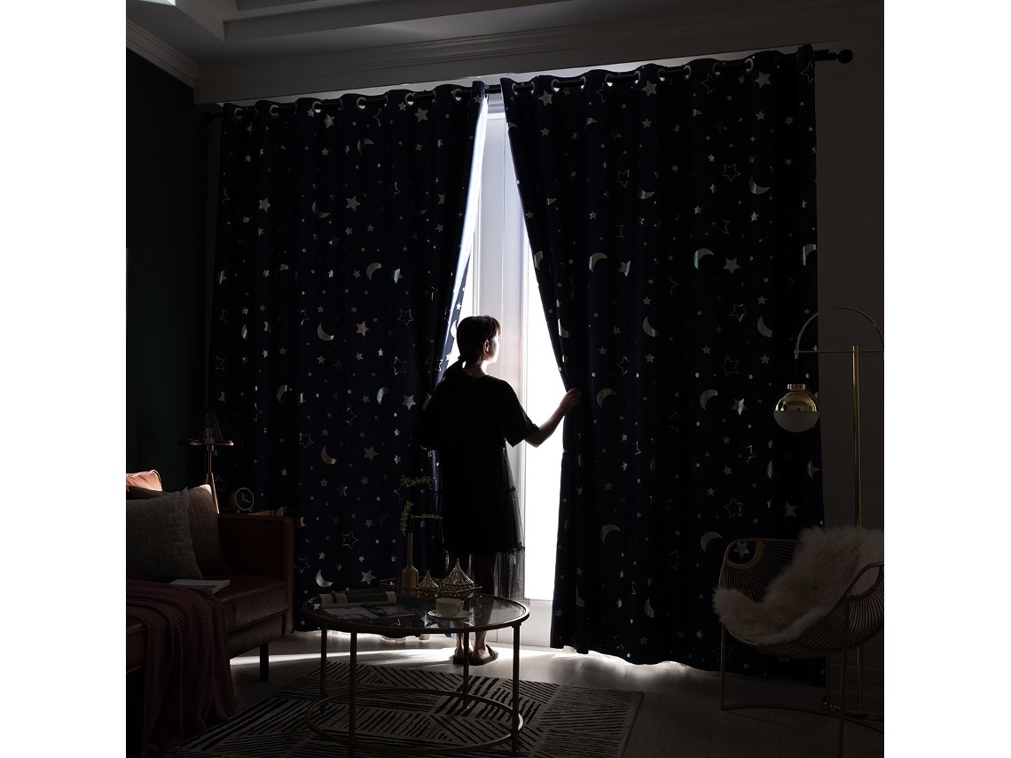 Cortina Blackout 2pcs Estrela Lua Prata Quente Isolante