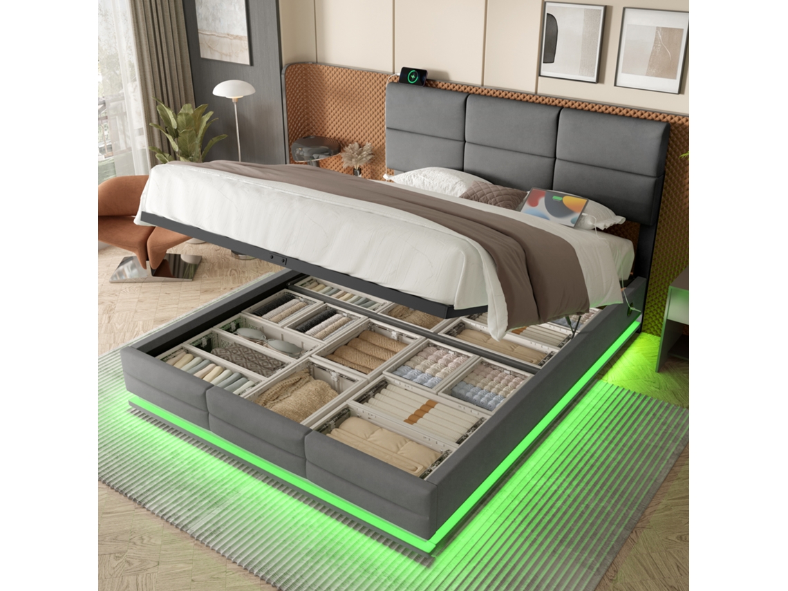 Cama de Veludo 160x200 Cm com Arrumação Led Usb Cabeceira Ajustável Compartimento Hidráulico Cinza VSOGA