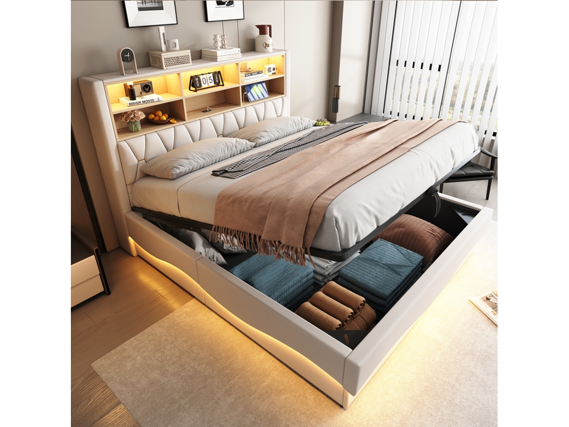 Cama Casal Bege 180x200cm Estofada com Hidráulica, Led, Usb, Ripas Metal, Linho GE