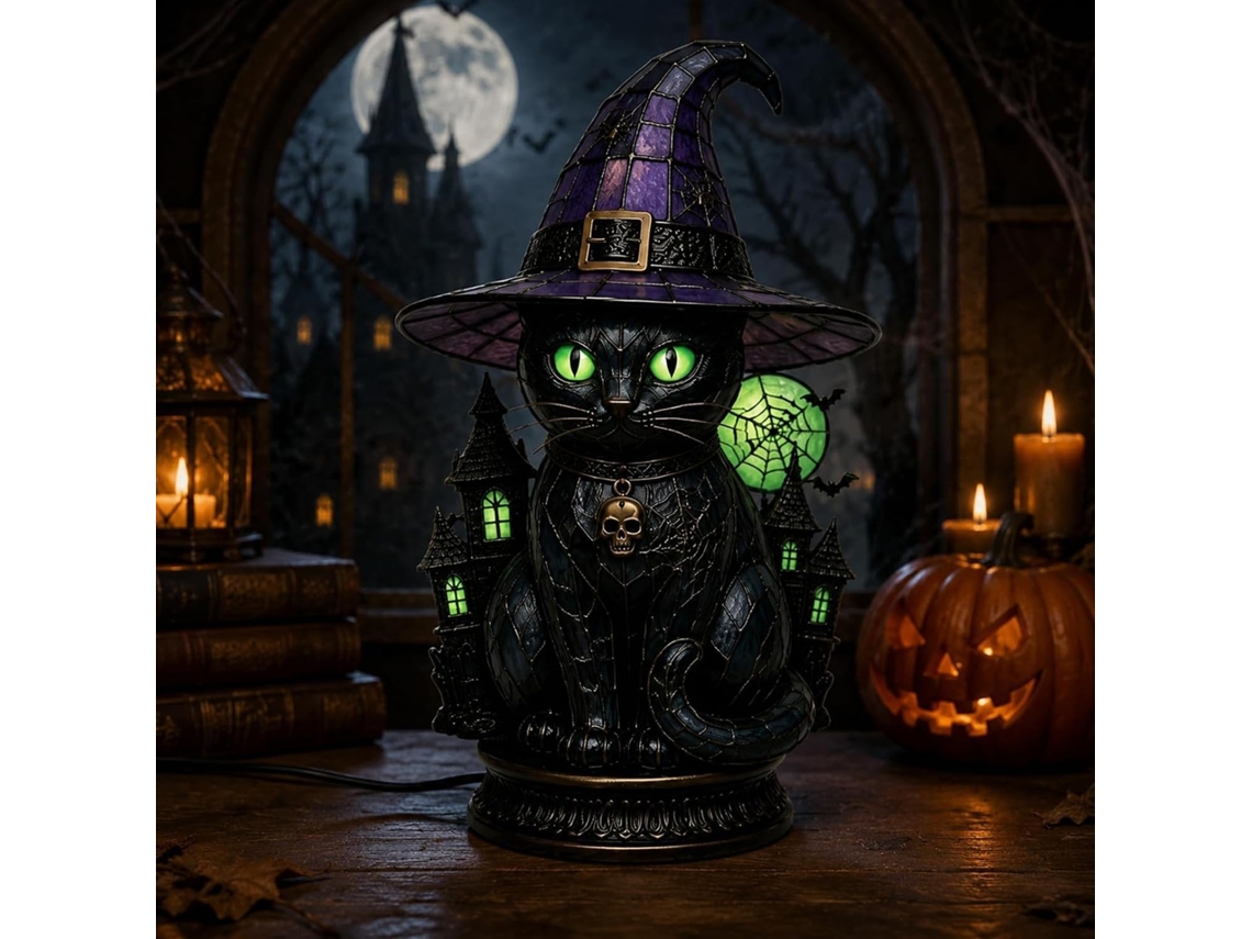 Mesa vintage de Halloween em vitral com cúpula em formato de chapéu de bruxa.