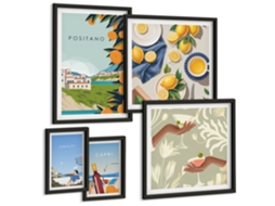 Composição De Quadros Na Parede Flores, Frutas Em Vasos Moldura Preta Pinturas De Quarto Espelharte (conjunto De 5 Imagens)