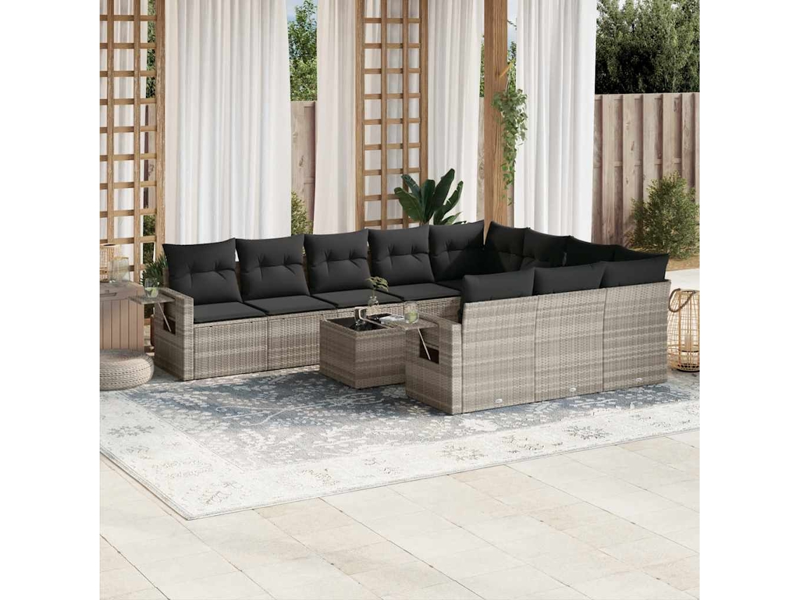 Vidaxl 11 Pcs Conjunto Sofás De Jardim C/ Almofadões Vime Pe Cinzento