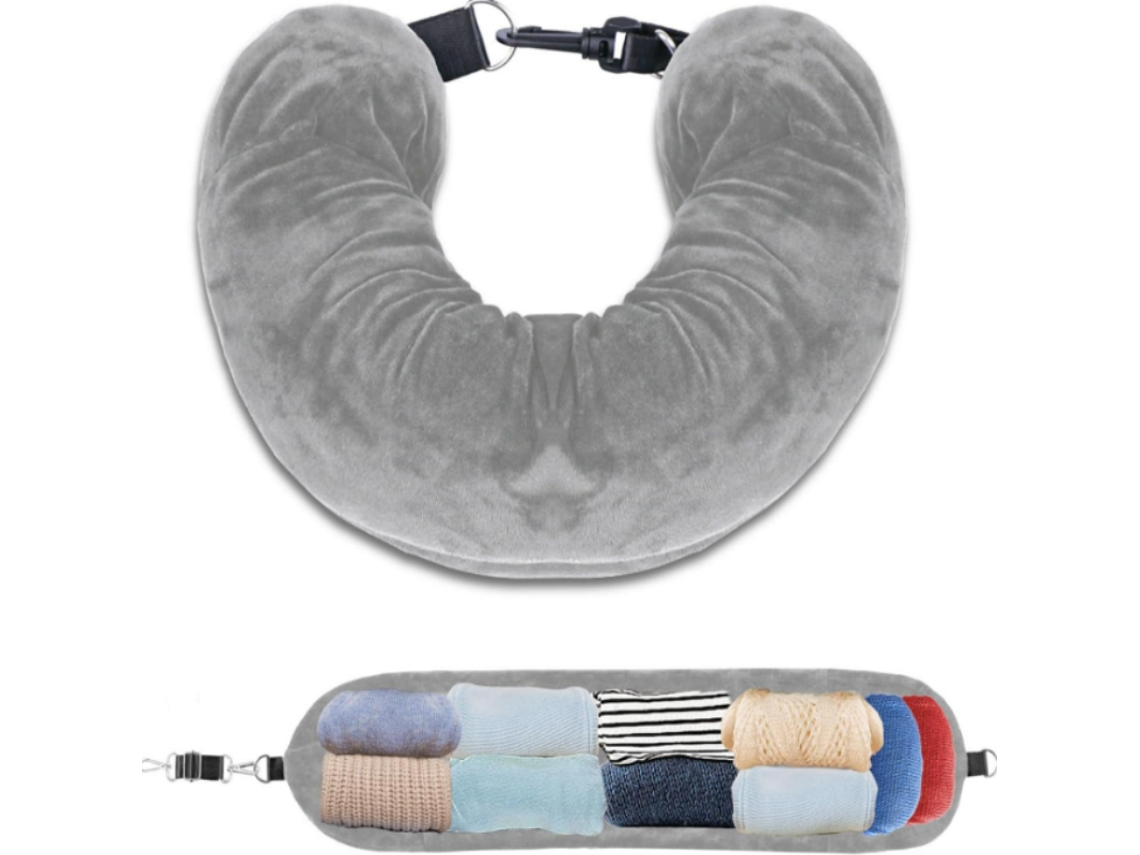 Almofada Cervical Formato U com Capa de Veludo Macio Cinza AQUAFORGE