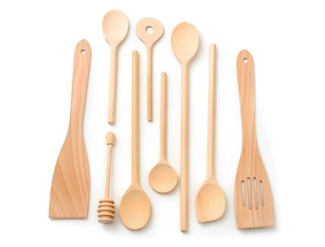 Set de Utensilios de Cocina de Madera de 9 Piezas Cucharas de Cocina Espátulas Cuchara de Miel TUULI