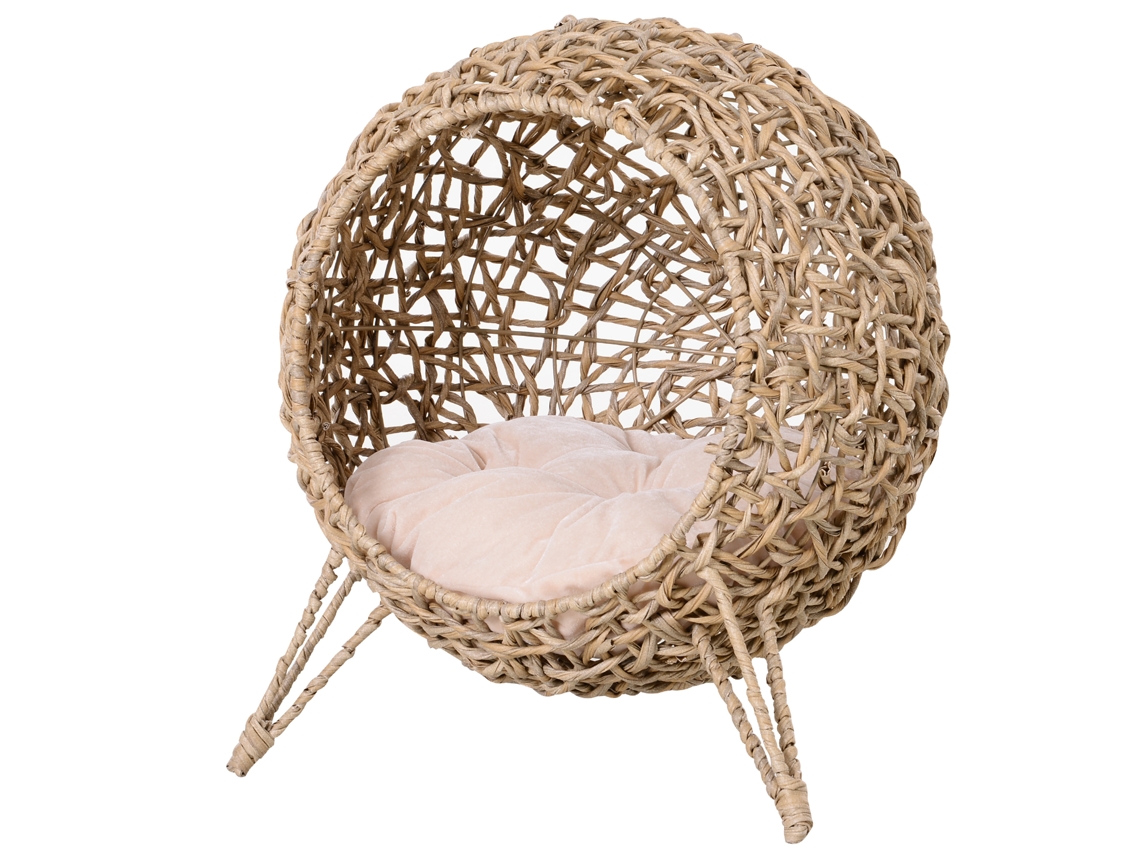Cama Em Vime Sintético Com Base De Tripé Almofada Com Pelúcia E Algodão Suave Desenho Elevado Ø52x58 Cm Madeira
