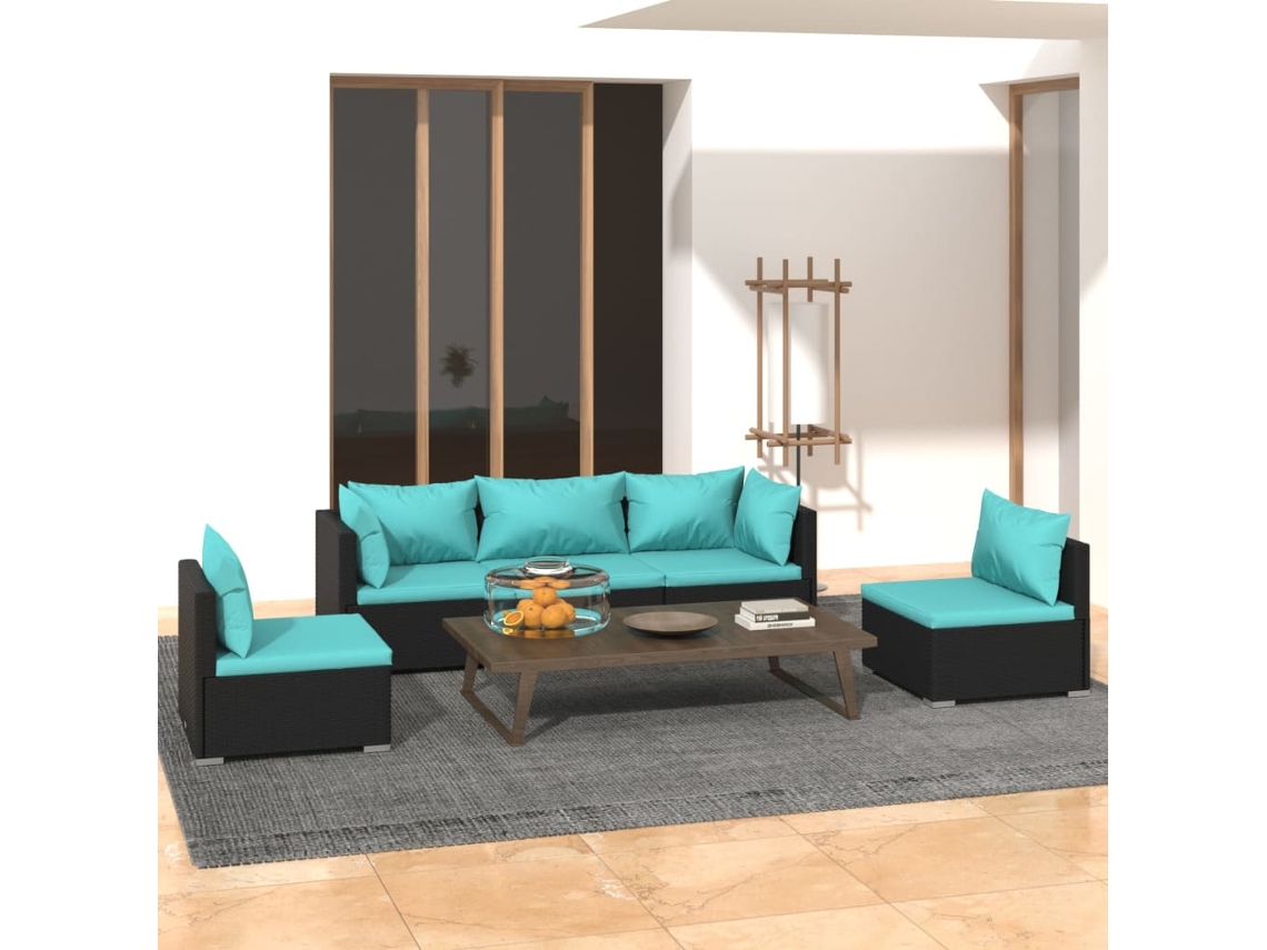 Vidaxl 5 Pcs Conjunto Lounge De Jardim C/ Almofadões Vime Pe Preto