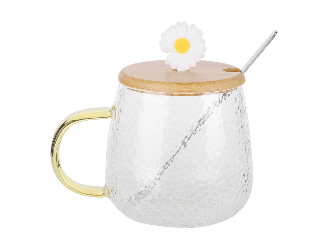 Caneca De Vidro Borossilicato Resistente Ao Calor 400ml Com Colher Em Aço Inoxidável E Tampa De Bambu (cravo Branco)