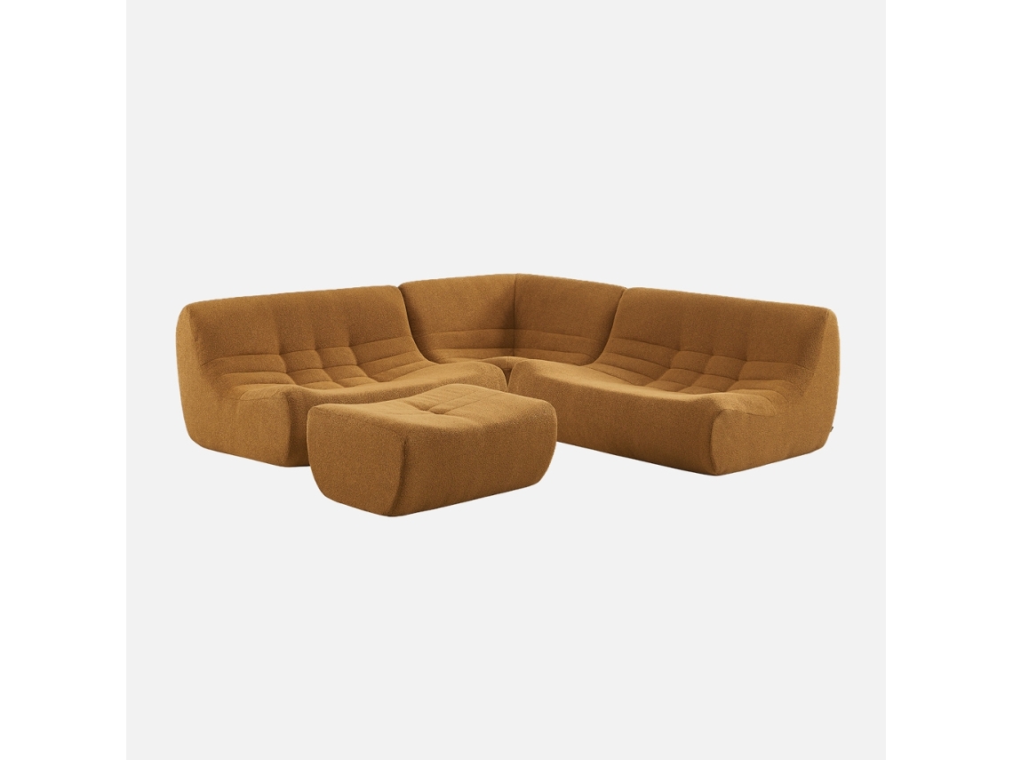 Sofá De Canto Modular Com Apoio Para Os Pés Em Tecido Bouclé, 5 Lugares, Mostarda