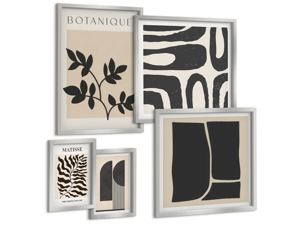 Conjunto De Pinturas Geometrias Abstratas Modernas Moldura Prateada Quadros Para O Escritório Espelharte (conjunto De 5 Imagens)