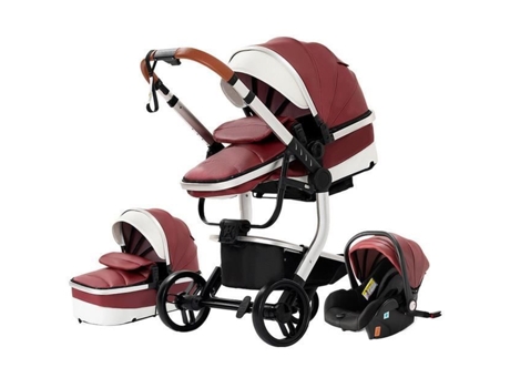 Carrinho de bebê 3 em 1, assento de carro, concha, trio, reversível, couro sintético, rodas à prova de furos, Canne Red.bazarland3 POS