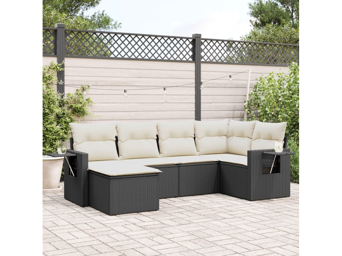 Jogo de Sofá Jardim 6 Peças C/ Almofadões Vime Pe Preto Dkd Home Decor