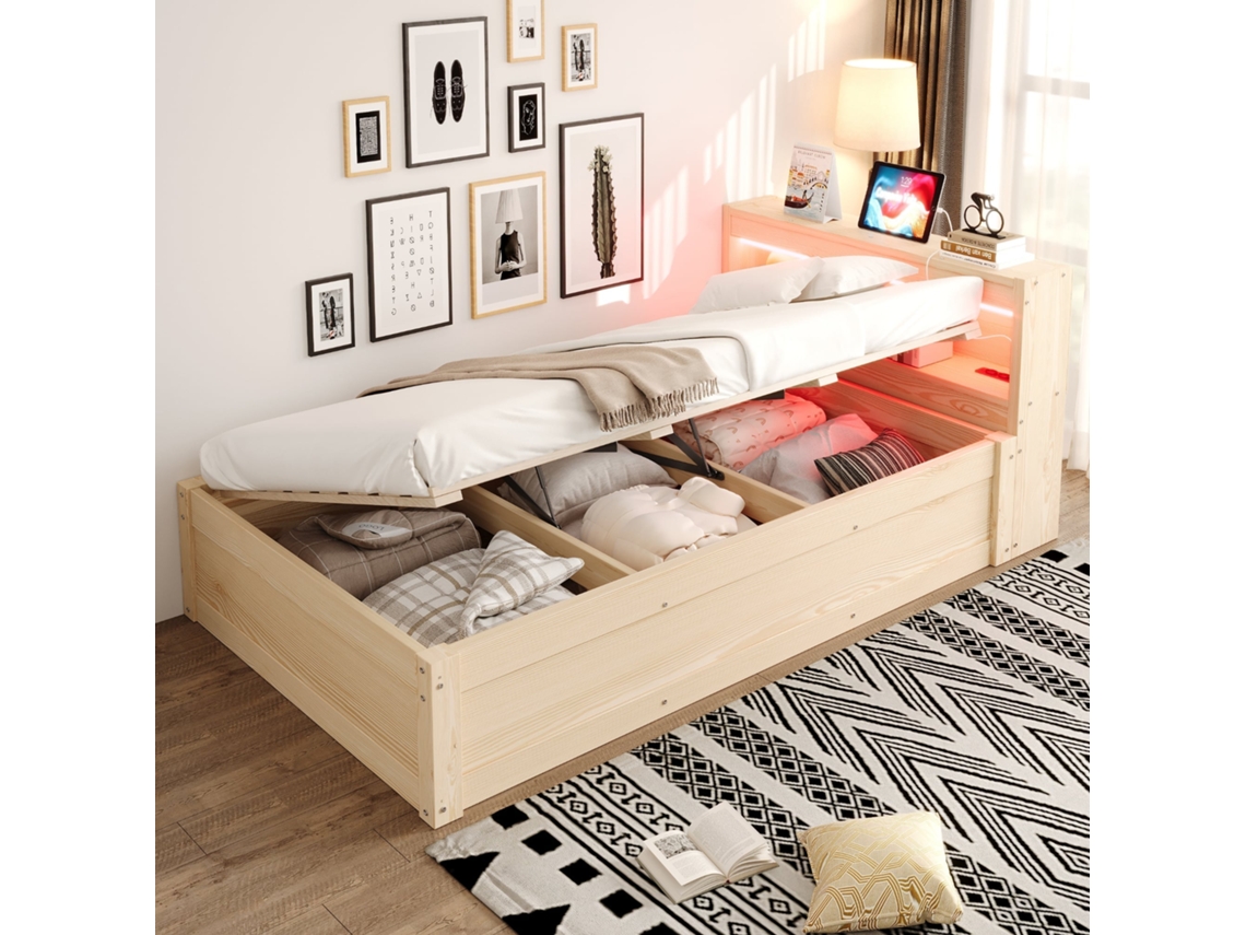 Sofá cama 90 X 200 Cm com Tomada Europeia, Vários Compartimentos, Luzes Led Multicoloridas e Mecanismo Hidráulico Madeira NOVELA