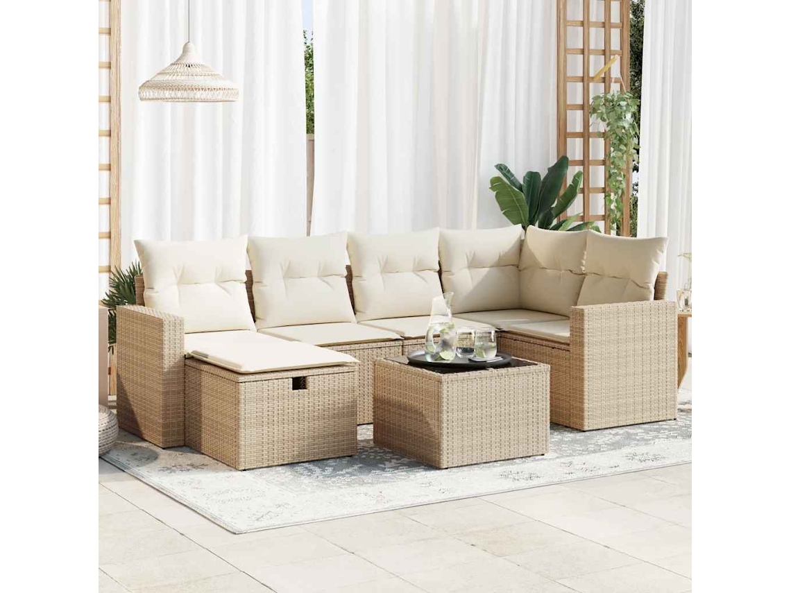 Vidaxl 7 Pcs Conjunto De Sofás P/ Jardim Com Almofadões Vime Pe Bege
