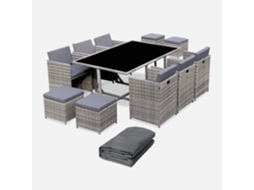 Conjunto De Jardim Com Mesa Em Resina Com 10 Cadeiras E Capa De Proteção, Tons De Cinza E Cinza Manchado