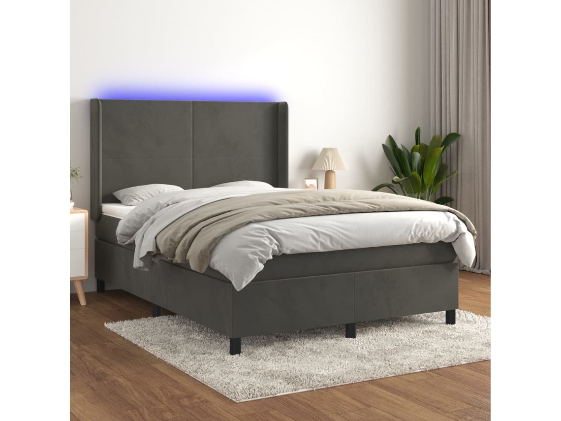 Vidaxl Cama Box Spring C/ Colchão/led 140x200cm Veludo Cinzento-escuro