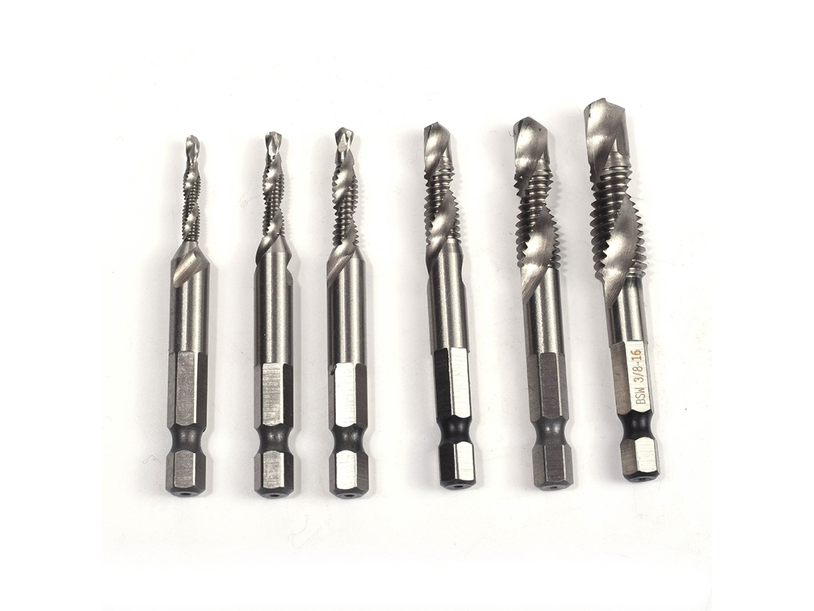 Conjunto de 6 brocas e rosqueadeiras com encaixe de 1/4", tamanhos de 1/8" a 3/8", em aço, ferramenta versátil para perfuração.
