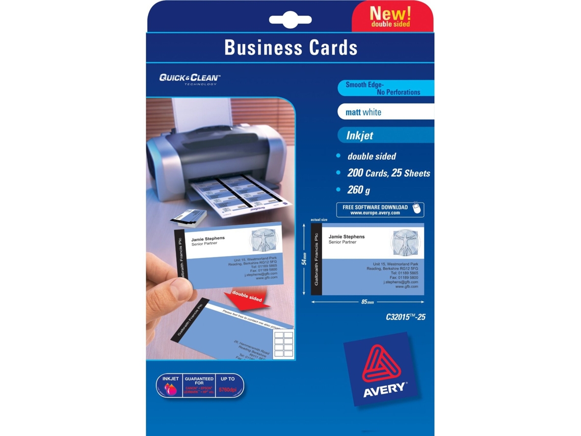 Cartão de visita AVERY Quick&Clean 85 x 54 mm X25 200 peças