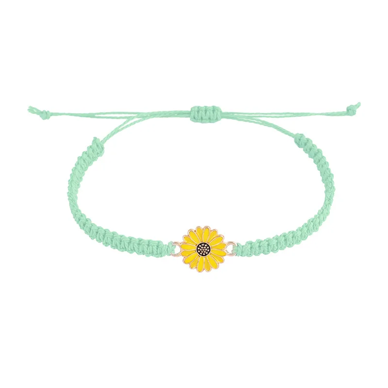 Pulseira Da Sorte Moderna Com Girassóis E Margaridas (verde Claro), Feita À Mão Com Fio Encerado.