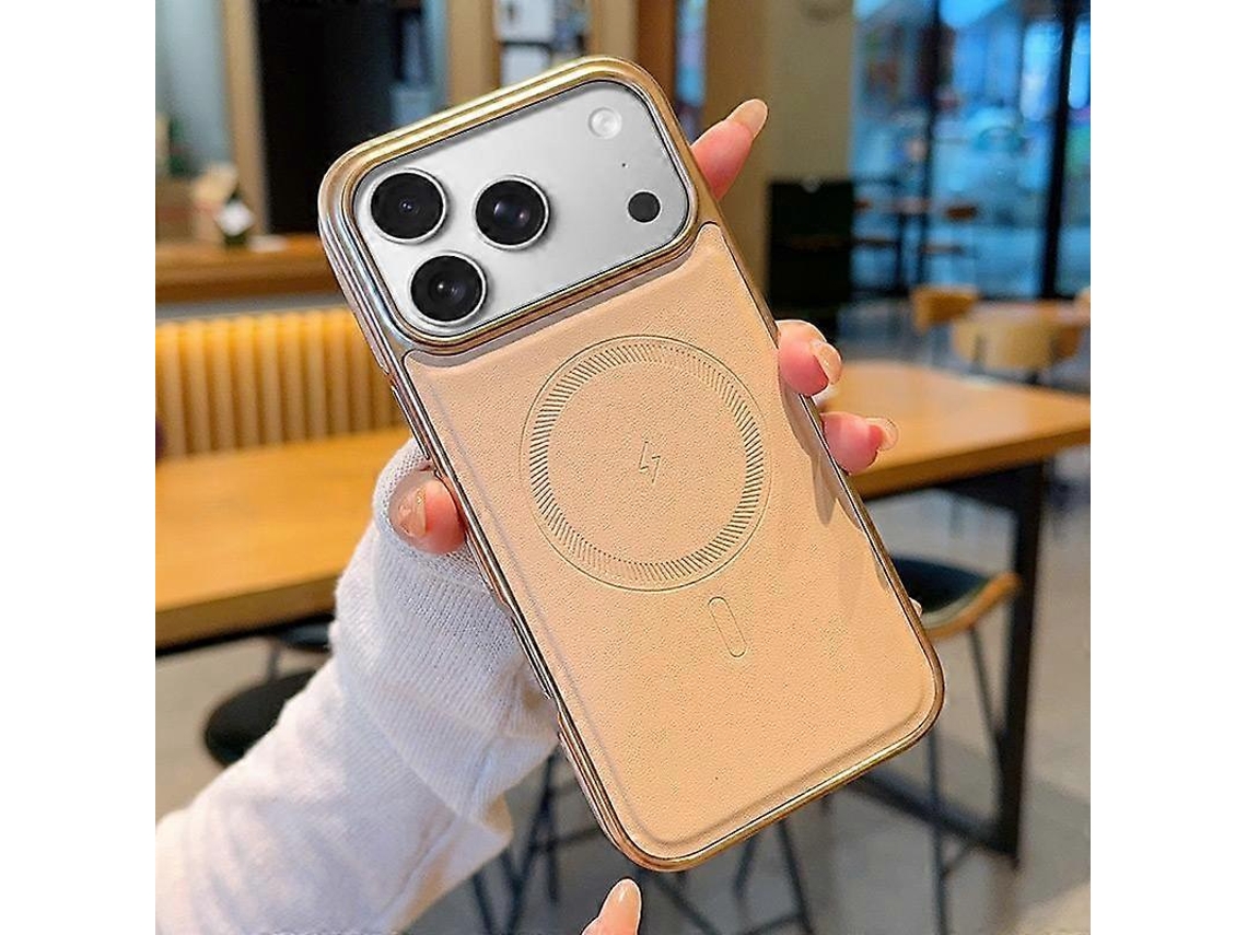Capa Magsafe Para Iphone 15 Pro Max Com Laterais Em Policarbonato Eletrogalvanizado E Textura De Couro Vegano.