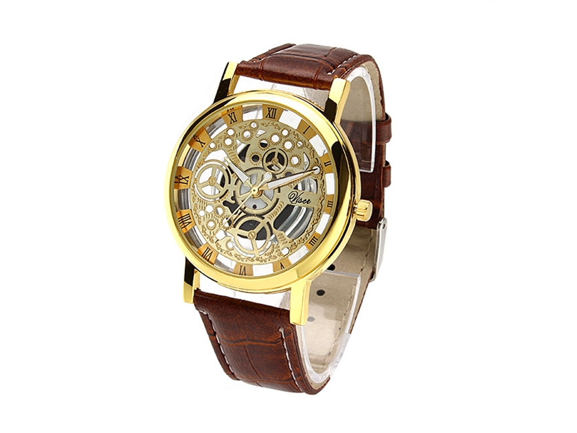 Reloj Electrónico Com Esfera Oca De Couro Pu Para Homem E Mulher (dourado Marrom)