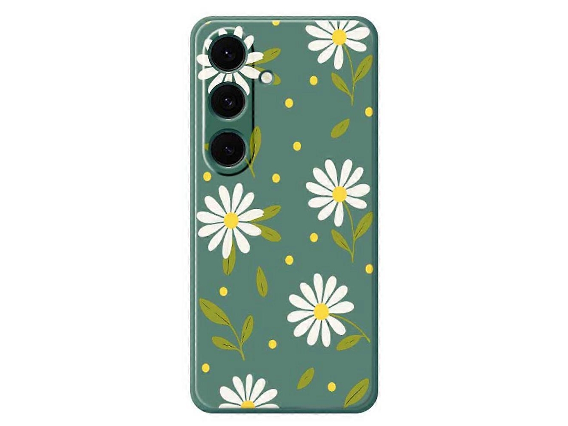 Capa Tkdaddy Para Samsung Galaxy S24 Fe Com Estampa De Flores Brancas E Folhas Verdes E Bordas Retas Em Tpu, Capa Traseira Verde
