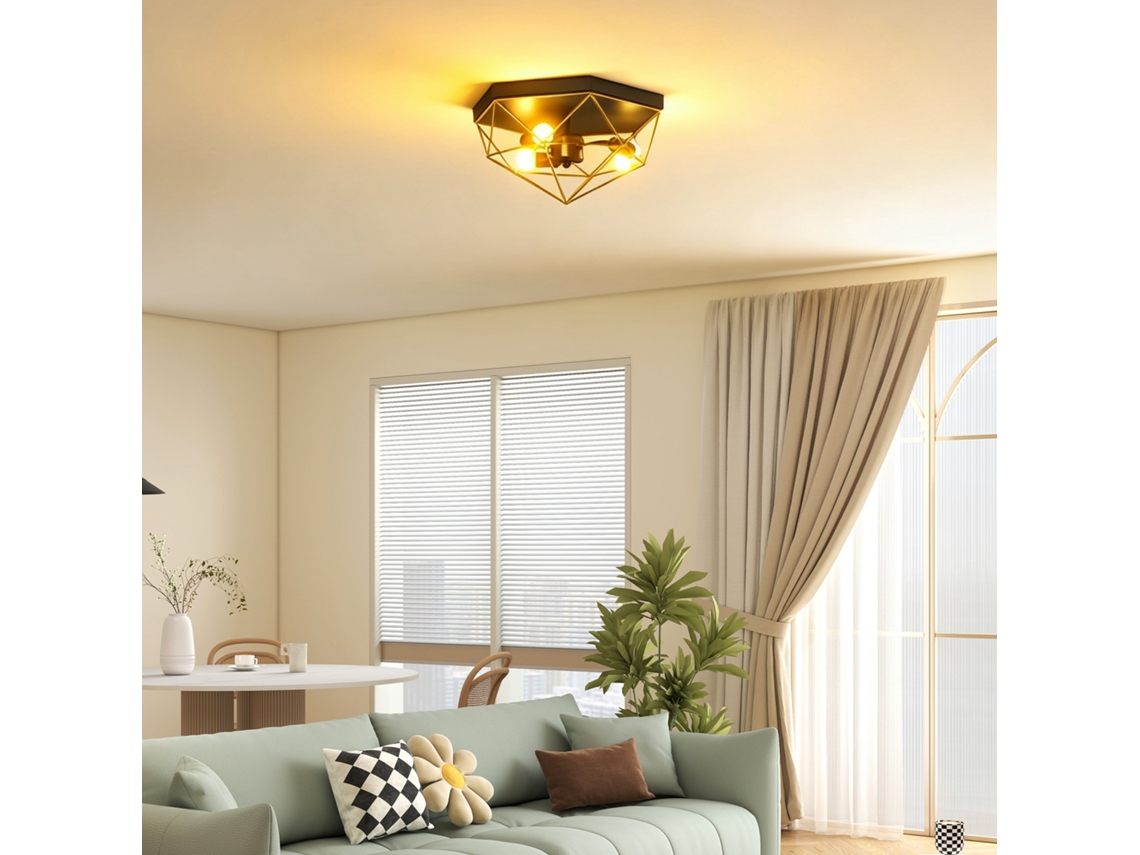 Luminária de Teto Industrial Geométrica com 3 Bocais E27 para Lâmpadas Led,preto e Dourado