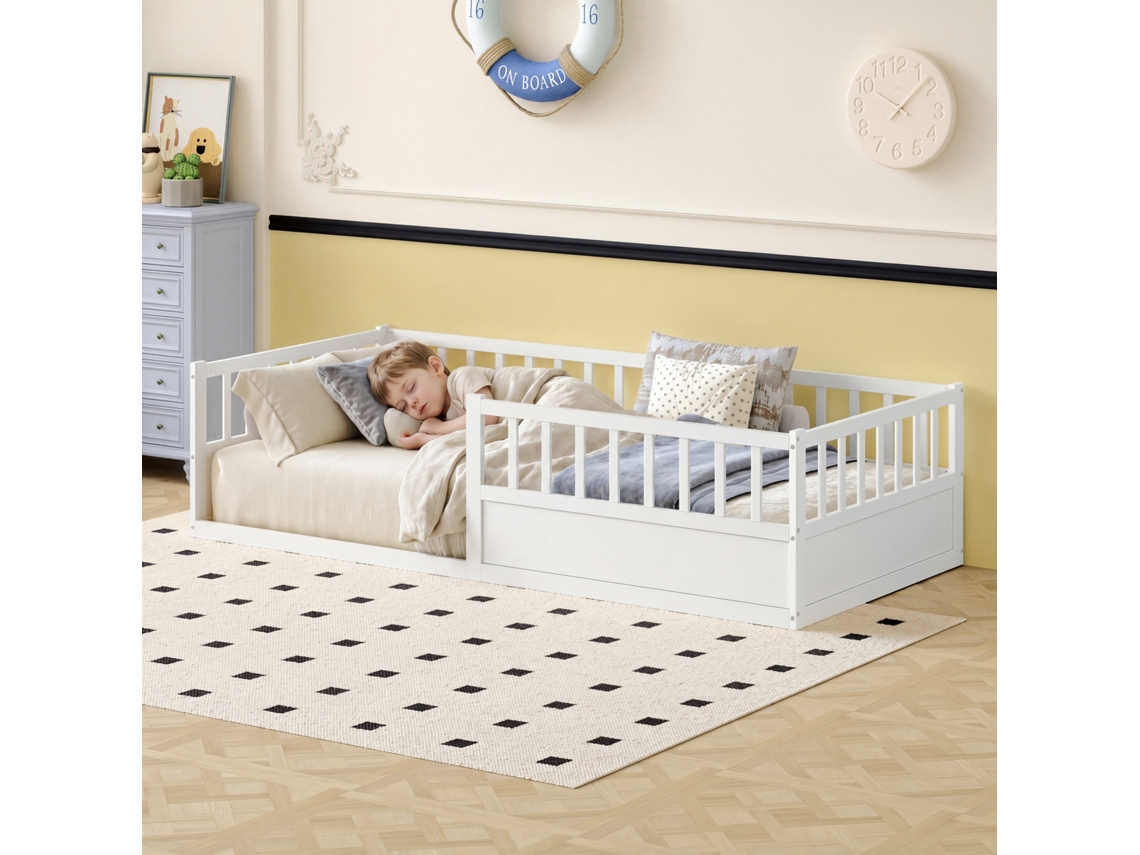 Cama infantil Montessori 90x200 cm em pinho branco, com grade, ripas VSOGA