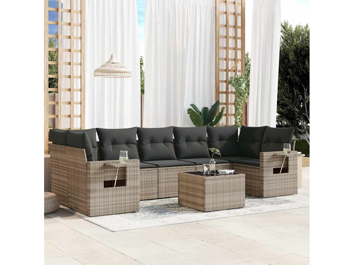 Vidaxl 8 Pcs Conj. Sofás Jardim C/ Almofadões Vime Pe Cinzento-claro