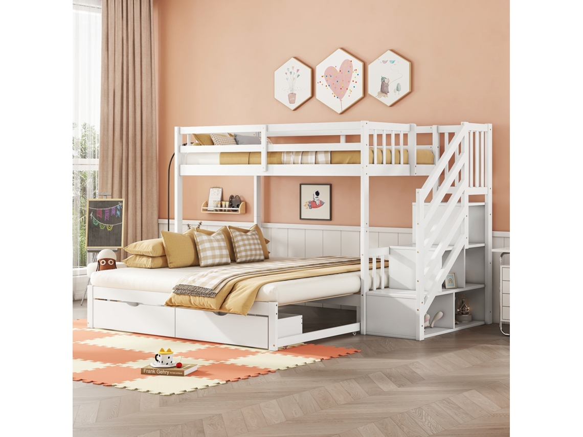Beliche 90x200cm, Cama Com Baú, Ripas, Gavetas, Pinho, Minimalista, Branco