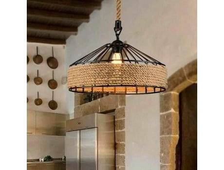 Lustre Suspensão Suspensão Em Corda De Cânhamo Ø30 Cm Iluminação Interior E27 Preto E Linho Baofeng