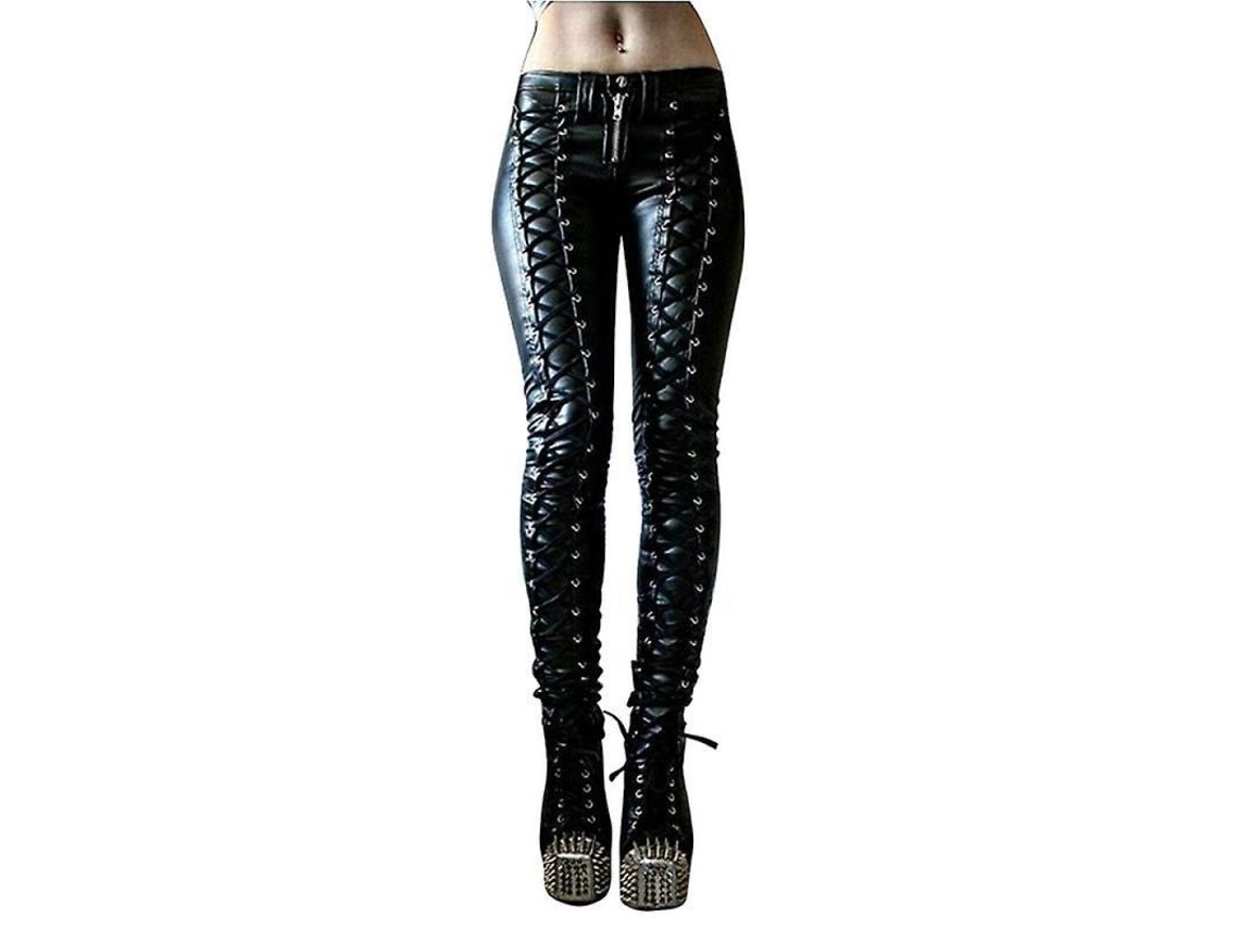 2026-leggings De Couro Falso Para Mulher, Calças Skinny Góticas Punk Com Forro Polar E Fecho De Cordão L Negro