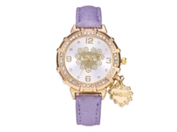 Relógio de Pulso Feminino com Pingente Coração Strass Cinto de Couro Pu Roxo