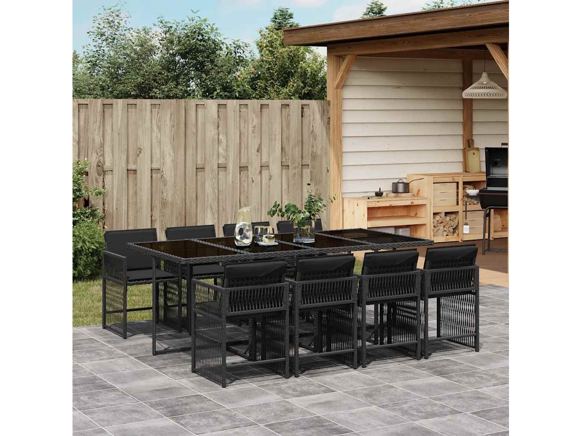 Vidaxl 9 Pcs Conjunto De Jantar P/ Jardim C/ Almofadões Vime Pe Preto